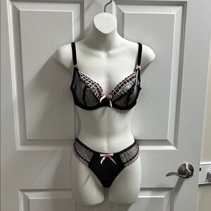Freya Black Pink Mesh Bra panties set size 32D XS NWOT